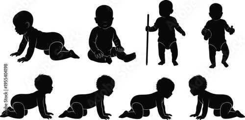 Baby development silhouettes set showing infant crawling, sitting and standing stages, newborn growth milestone collection for childcare, parenting and pediatric design