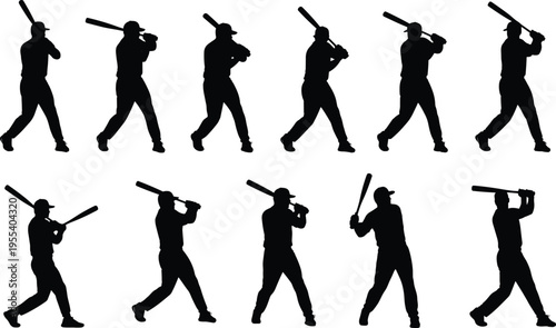 Baseball player batting silhouette collection featuring hitter swing poses isolated set for sports design logos posters team graphics vector