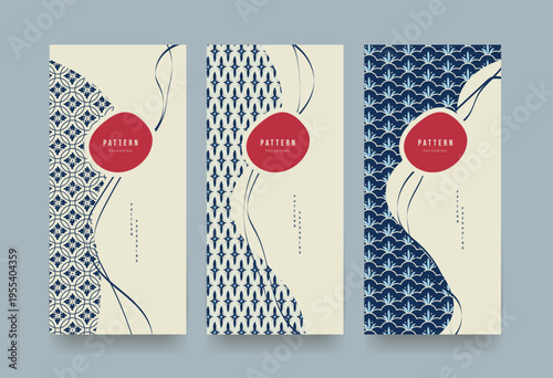 Set of Packaging templates japanese style background fabric luxury or premium products. Asian pattern art design.