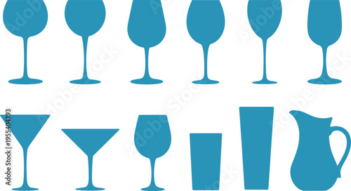 Blue drinkware silhouettes collection with wine glasses, cocktail cups and pitcher, bar beverage icon set, vector illustration isolated on white background