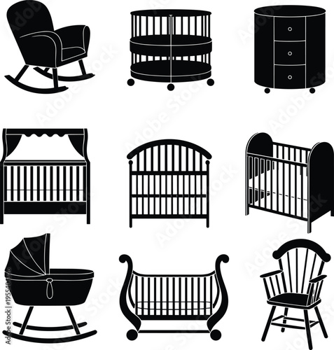 Baby nursery furniture silhouettes set with cradle, crib, rocking chair, bassinet and changing cabinet icons for childcare interior design