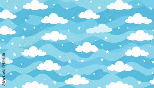 A serene scene of clouds floating on wavy water under a starry sky