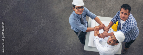 Banner civil construction engineer teams meeting on construction site. Partner team engineering foreman teamwork consult together. Panorama group engineer office meeting partnership with copy space