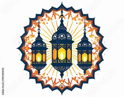 Vibrant lanterns shine brightly within an ornate circular pattern outdoors