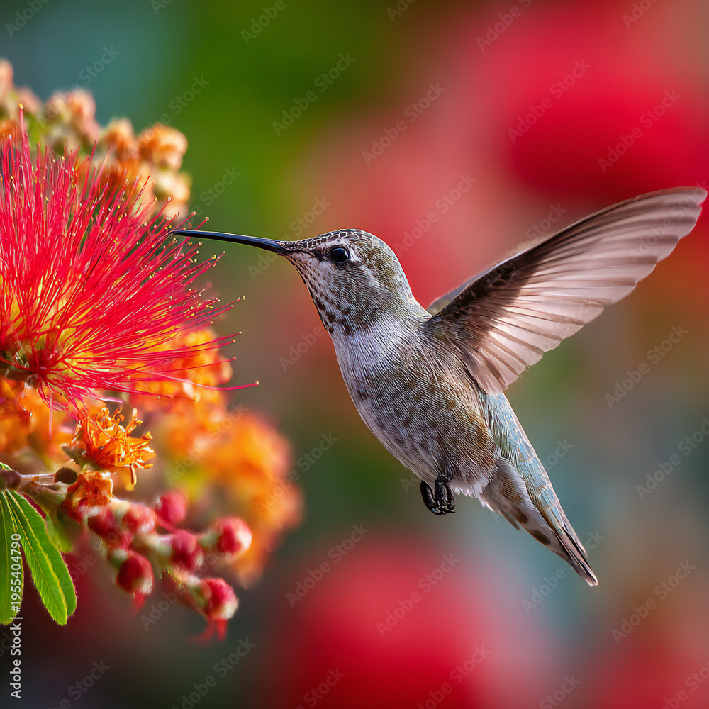 Fototapeta premium Hummingbird in mid-flight near vibrant red tropical flower, high-speed motion blur effect