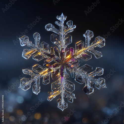 Macro shot of intricate snowflake crystal on dark background, detailed ice geometry, generative ai