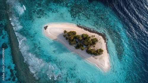 Aerial View of a Tropical Island Surrounded by Clear Blue Water and Coral Reefs, Featuring Lush Green Palm Trees and Soft Sandy Shoreline