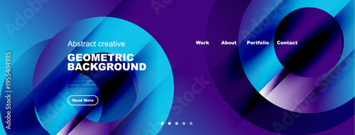 Abstract geometric background features vibrant blue, purple gradients. Website navigation includes work, about, portfolio, contact options.