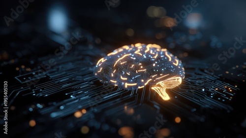 Futuristic Concept of a Human Brain Interconnected with Digital Circuitry, Representing Artificial Intelligence and Advanced Technology in a Glowing Cybernetic Atmosphere