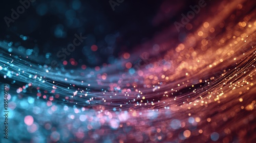 Abstract colorful waves of light flowing gracefully with vibrant particles in a captivating display of digital energy and movement against a dark background