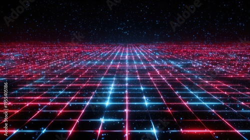 Futuristic Digital Grid Landscape with Neon Lights and Starry Sky Creating an Immersive Sci-Fi Atmosphere for Various Creative Projects and Designs