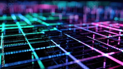 Abstract digital background featuring vibrant neon grid lines in blue, green, and pink colors creating a futuristic tech-inspired design with depth and dimension.