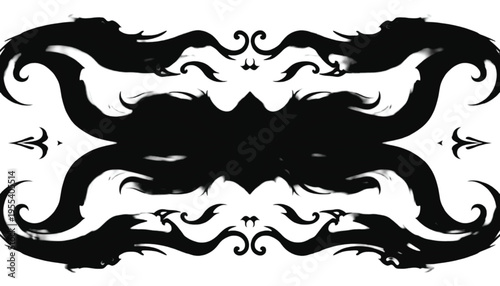 Symmetrical black abstract banner featuring swirling decorative brushstrokes provides a central space for.
