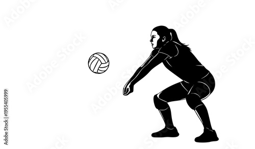 Volleyball defensive player silhouette forearm pass with incoming ball dynamic sports vector