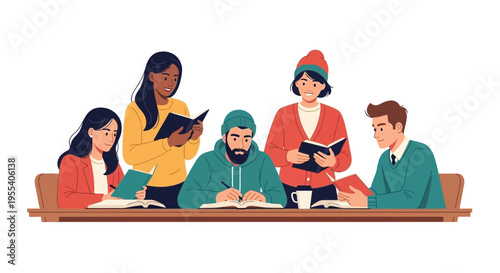 Diverse group of students studying together at a table, reading books and taking notes.