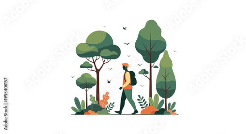 Man hiking through a vibrant forest with diverse trees and foliage, birds flying