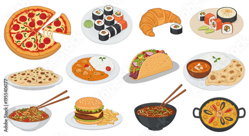 Diverse International Food Platter: Pizza, Sushi, Tacos, Noodles, Curry, Burger, Croissant
