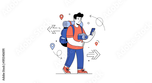 Traveler with backpack and camera using smartphone for navigation, exploring new places