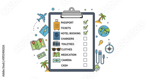 Travel checklist on clipboard with icons: passport, tickets, hotel, clothes, camera, cash