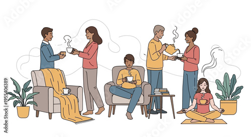 Diverse group enjoying relaxing moments with hot beverages in a cozy home setting.