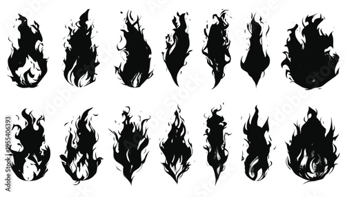 Assortment of tall black flame graphics displays diverse abstract forms against white isolation.