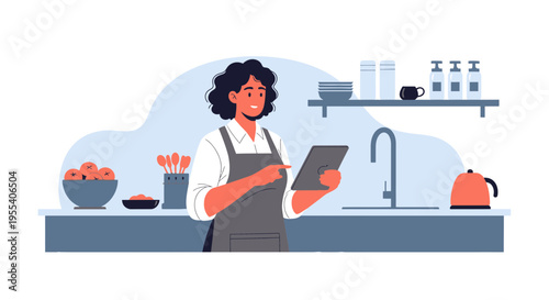 Woman in apron using tablet in modern kitchen, cooking recipe online, digital kitchen