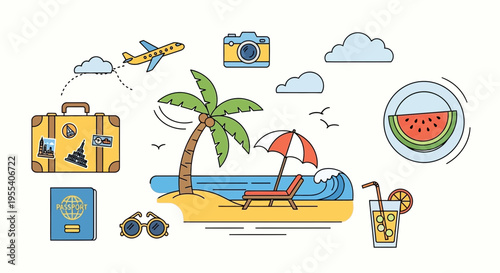 Summer Vacation Travel Icons: Beach, Airplane, Suitcase, Passport, Camera, Drinks