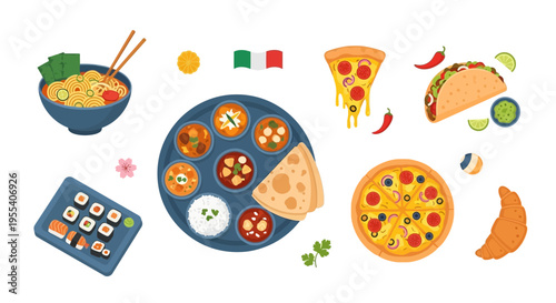Diverse International Cuisine Collage: Sushi, Ramen, Pizza, Tacos, Indian Thali, Croissant