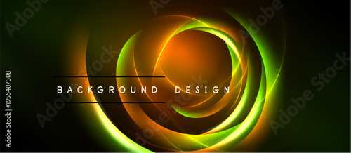 Abstract neon swirls, vibrant orange, green hues. Dark background emphasizes glowing circular design. Text reads background design.
