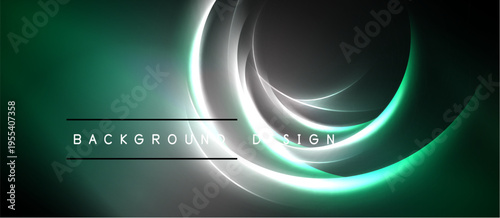 Abstract neon circles, green gradients, dark background. Modern design element for digital projects, presentations. Smooth curves, glowing effects.