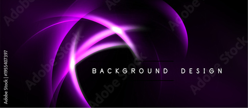 Abstract purple lines create dynamic swirl against black backdrop. Bright glow emanates from center, forming modern design element.