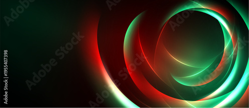 Abstract design features swirling lines, vibrant red, green hues. Dark background emphasizes luminous curves, creating dynamic visual effect.