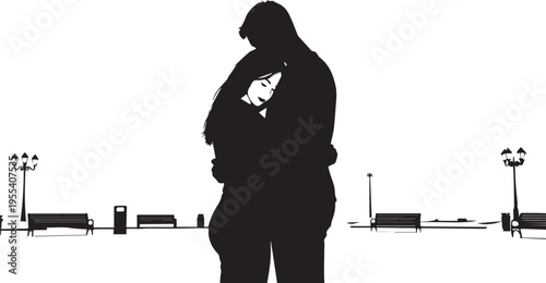 Couple hugging silhouette in park with benches and street lamps illustration and vector