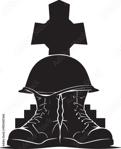 Memorial day soldier boots with helmet and cross silhouette tribute illustration vector
