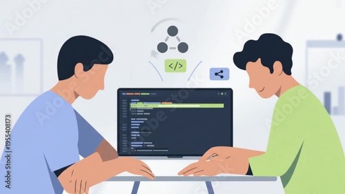 Two cartoon-style male developers actively collaborate on a software project