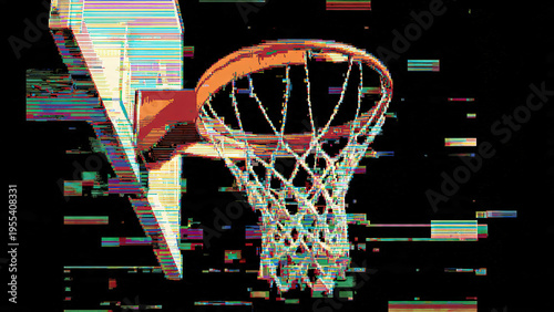 Basketball hoop caught in a digital glitch effect with chromatic aberration and pixel distortion against a colorful sky