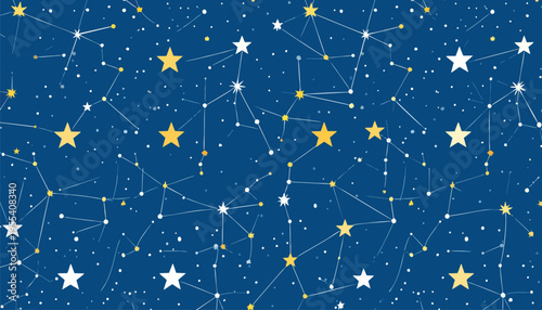 Stars and constellations shine brightly in a clear night sky with celestial bodies