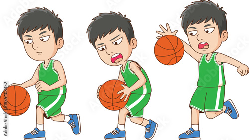 Art & IllustrationBasketball player actions set, dribbling, running, jumping, cartoon boy athlete, sports training, game movement, kids activity, athletic illustration collection