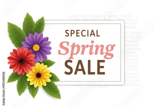 Special spring sale banner decorated with colorful vibrant flowers and green leaves on white background