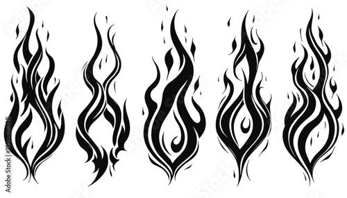 Five distinct black silhouette graphics illustrate stylized flames suitable for tribal or decorative design.