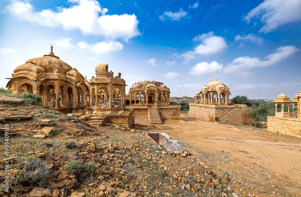 Naklejka premium Golden sandstone cenotaphs of Bada Bagh in Jaisalmer.