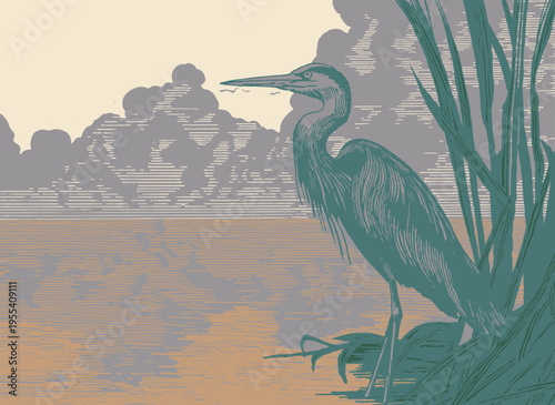 Hand drawn Japanese inspired heron in a marsh. Woodcut style illustration with textured clouds, reeds, and water in muted teal, gray, and tan tones. Elegant, artisan nature scene.