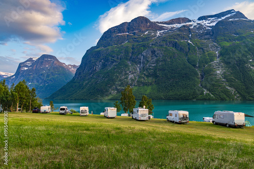 Family vacation travel RV, holiday trip in motorhome, Caravan car Vacation. Beautiful Nature Norway.