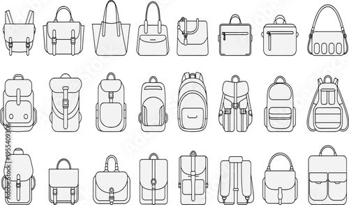 Black line drawings of multiple bag types including backpacks, handbags, totes, messenger bags, shoulder bags, satchels, and purses, showcasing fashion accessories, product design, and minimal vectors