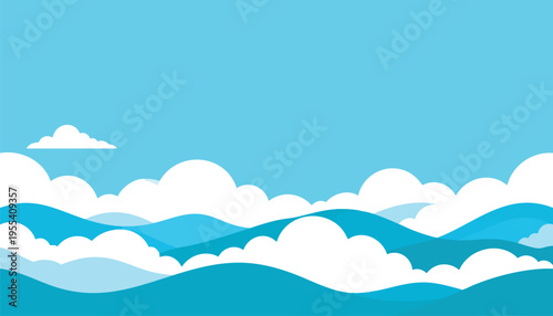 Illustration depicts serene ocean waves under a clear blue sky with fluffy white clouds.