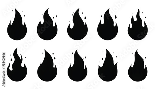 Ten simple black flame icons display various stylized shapes representing heat or energy in a row.