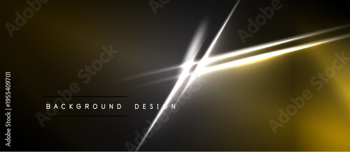 Dark abstract background features bright golden lines, creating dynamic light effects. Minimalist design with text overlay.