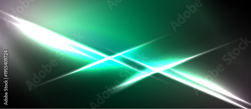 Abstract green background features bright diagonal light streaks. Vivid illumination creates dynamic visual effect. Simple, modern design.