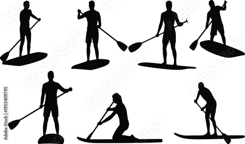 Black silhouettes of people paddleboarding in different stances and paddling motions, highlighting water sports, balance, fitness, adventure, recreation, and minimal vector design art