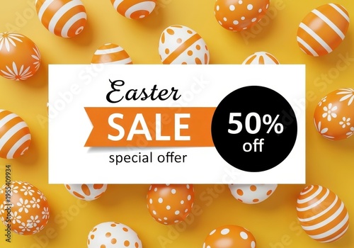 A festive easter sale banner featuring decorated orange and white patterned eggs on a yellow background